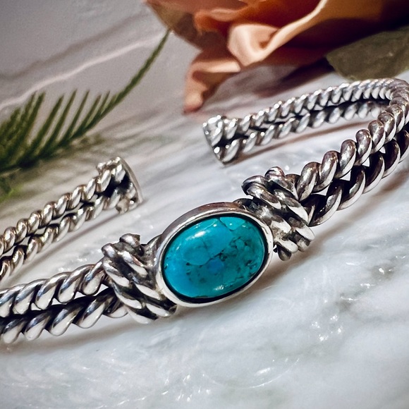 Vintage Handmade Genuine Turquoise Double Cable Cuff Bracelet Solid 925 Sterling - Picture 2 of 9